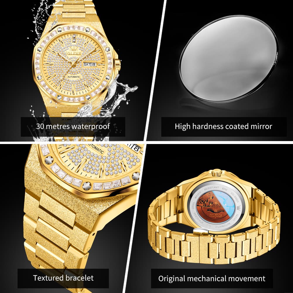OLEVS Iced Out Diamond Octagonal Automatic Mechanical Watch 9803 for Men - Silver White Watch | Olevs Watch Store
