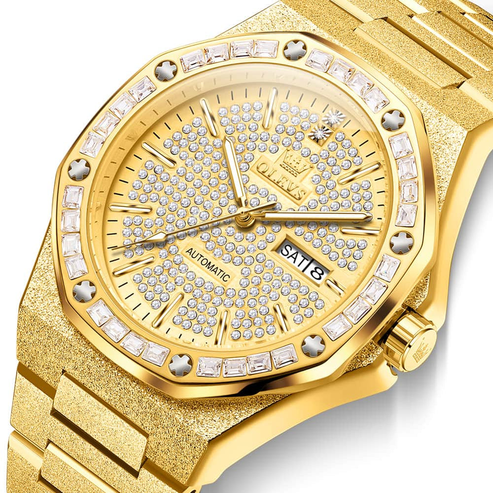 OLEVS Iced Out Diamond Octagonal Automatic Mechanical Watch 9803 for Men - Silver White Watch | Olevs Watch Store