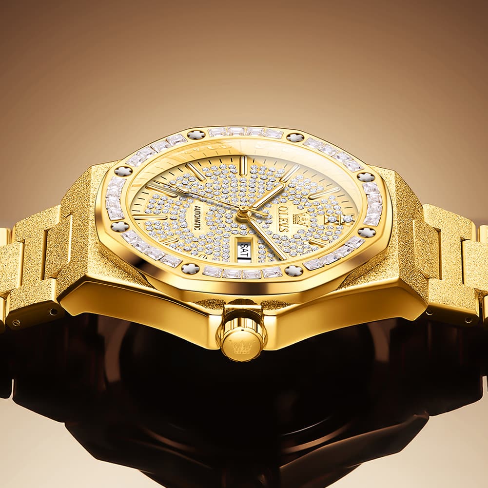OLEVS Iced Out Diamond Octagonal Automatic Mechanical Watch 9803 for Men - Silver White Watch | Olevs Watch Store