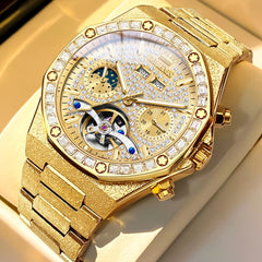 OLEVS Iced Out Moon Phase Skeleton Automatic Watch 9805 Calendar for Men - All Gold Watch | Olevs Watch Store