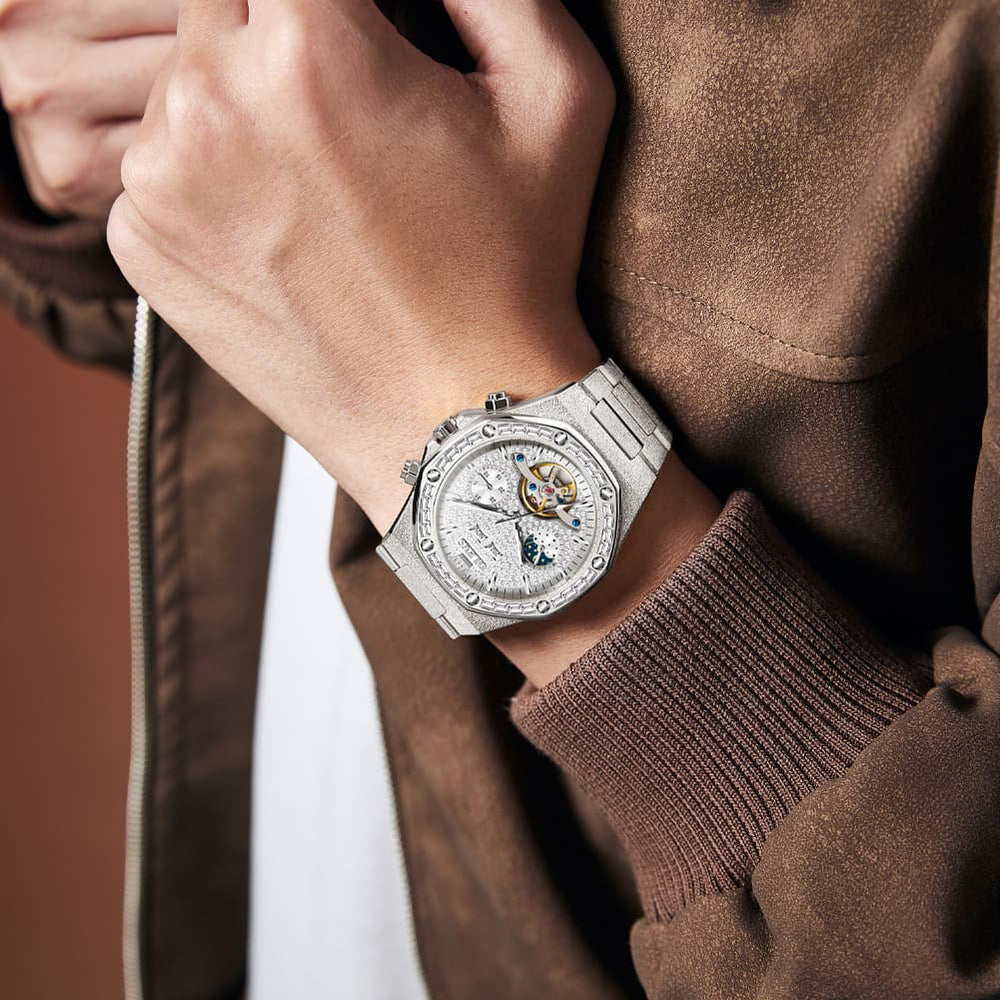 OLEVS Iced Out Moon Phase Skeleton Automatic Watch 9805 Calendar for Men - Silver White Watch | Olevs Watch Store