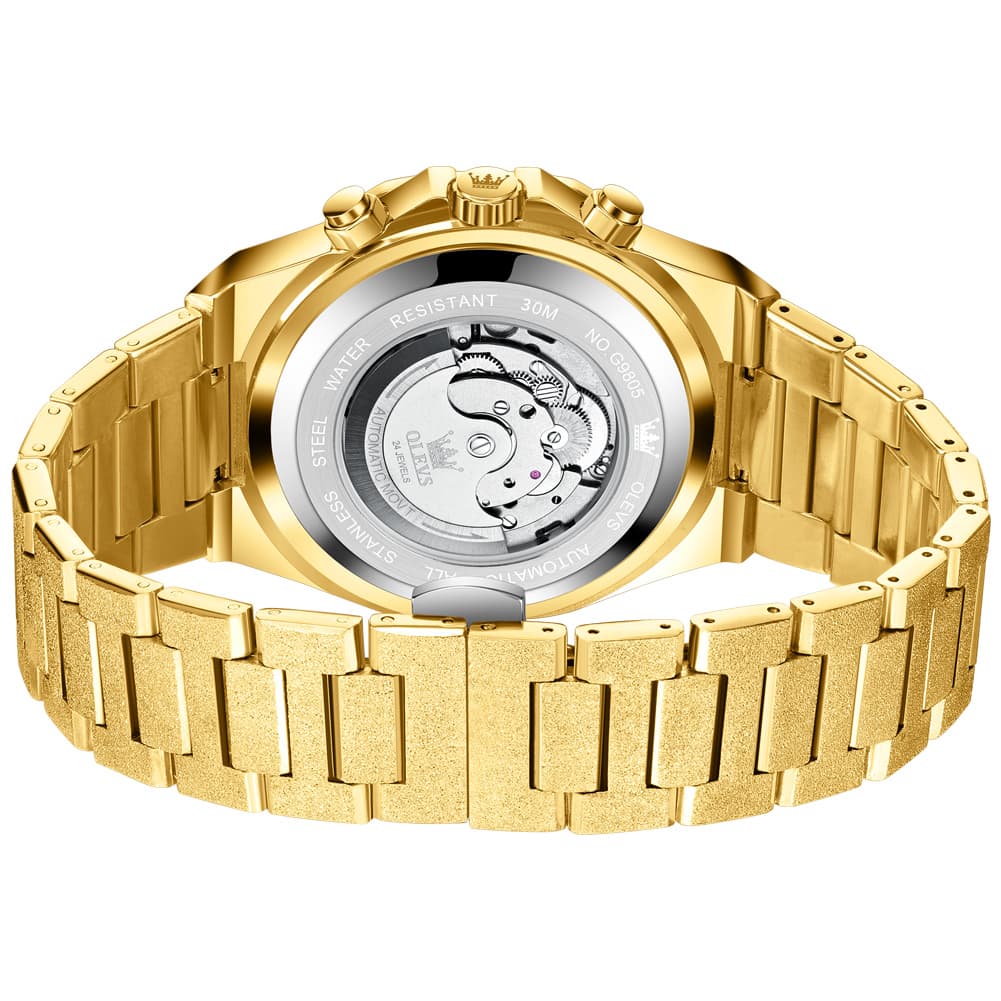 OLEVS Iced Out Moon Phase Skeleton Automatic Watch 9805 Calendar for Men - Silver White Watch | Olevs Watch Store
