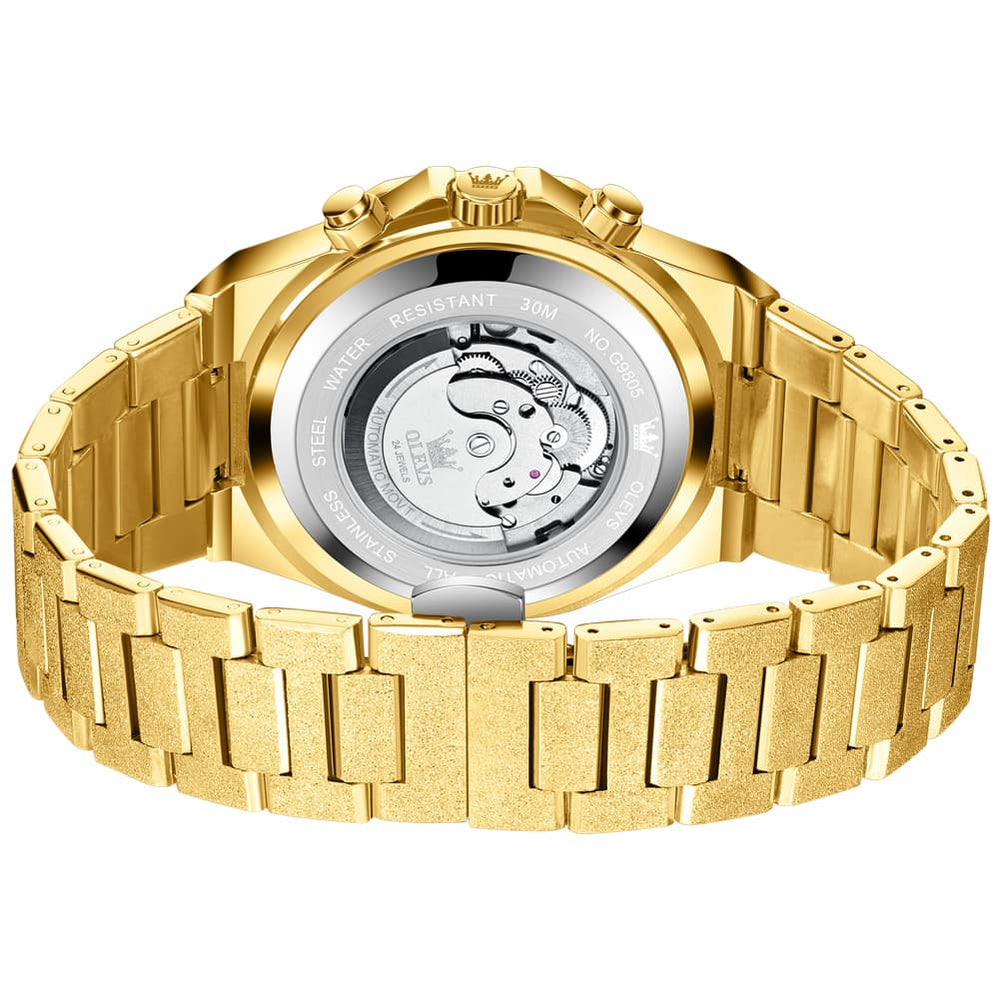 OLEVS Iced Out Moon Phase Skeleton Automatic Watch 9805 Calendar for Men - Silver White Watch | Olevs Watch Store