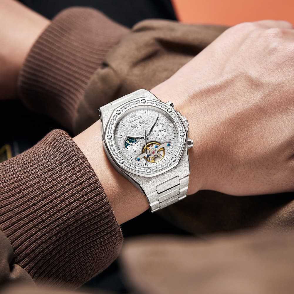 OLEVS Iced Out Moon Phase Skeleton Automatic Watch 9805 Calendar for Men - Silver White Watch | Olevs Watch Store