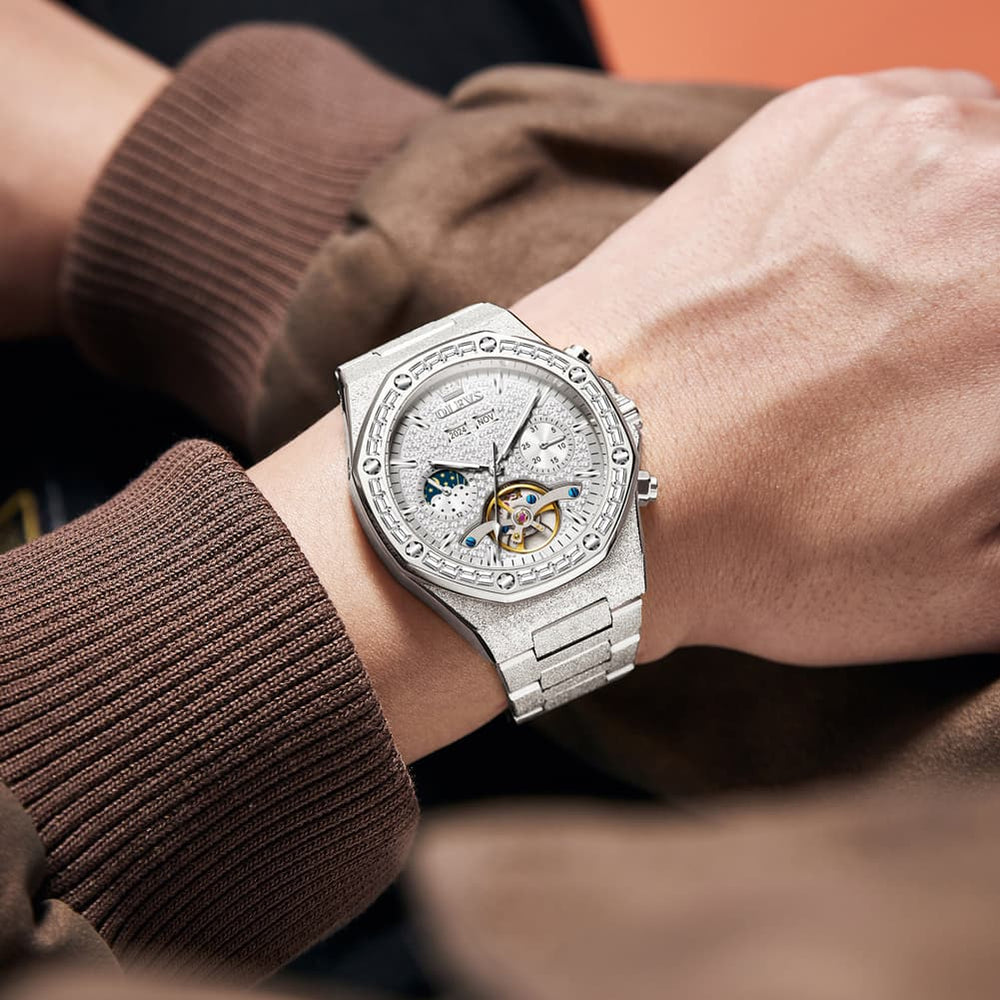 OLEVS Iced Out Moon Phase Skeleton Automatic Watch 9805 Calendar for Men - Silver White Watch | Olevs Watch Store