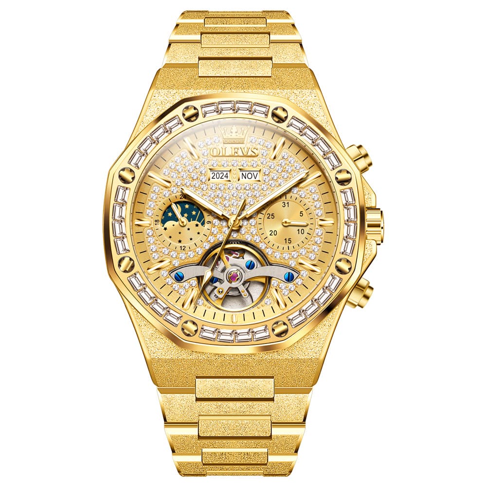 OLEVS Iced Out Moon Phase Skeleton Automatic Watch 9805 Calendar for Men - Silver White Watch | Olevs Watch Store