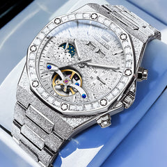 OLEVS Iced Out Moon Phase Skeleton Automatic Watch 9805 Calendar for Men - Silver White Watch | Olevs Watch Store