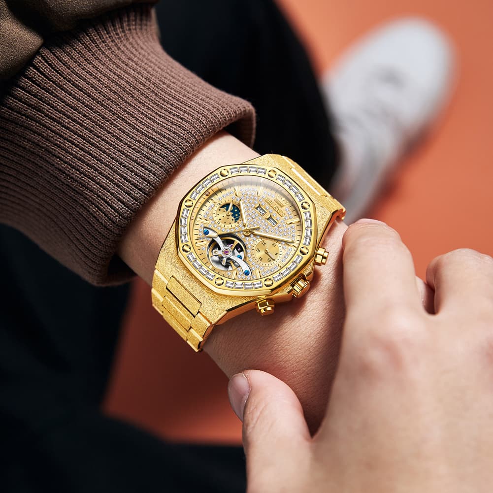 OLEVS Iced Out Moon Phase Skeleton Automatic Watch 9805 Calendar for Men - Silver White Watch | Olevs Watch Store