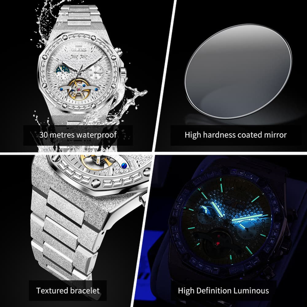 OLEVS Iced Out Moon Phase Skeleton Automatic Watch 9805 Calendar for Men - Silver White Watch | Olevs Watch Store
