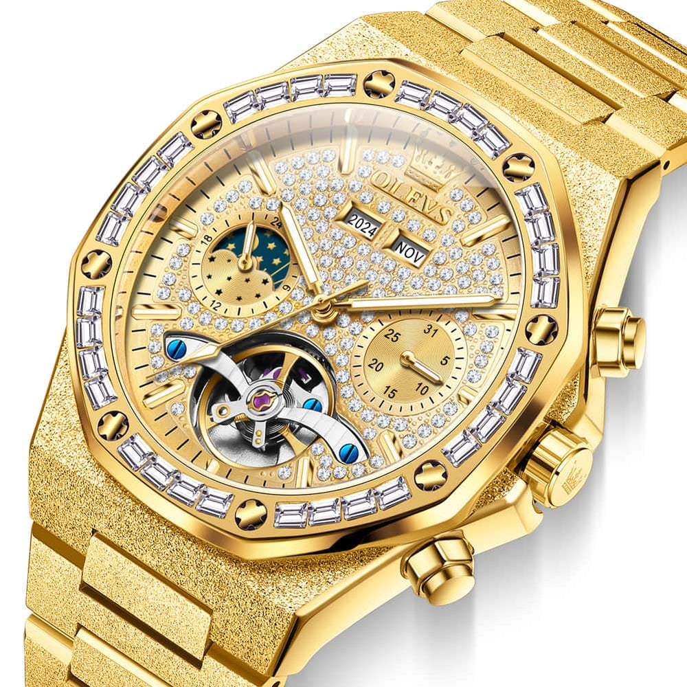 OLEVS Iced Out Moon Phase Skeleton Automatic Watch 9805 Calendar for Men - Silver White Watch | Olevs Watch Store