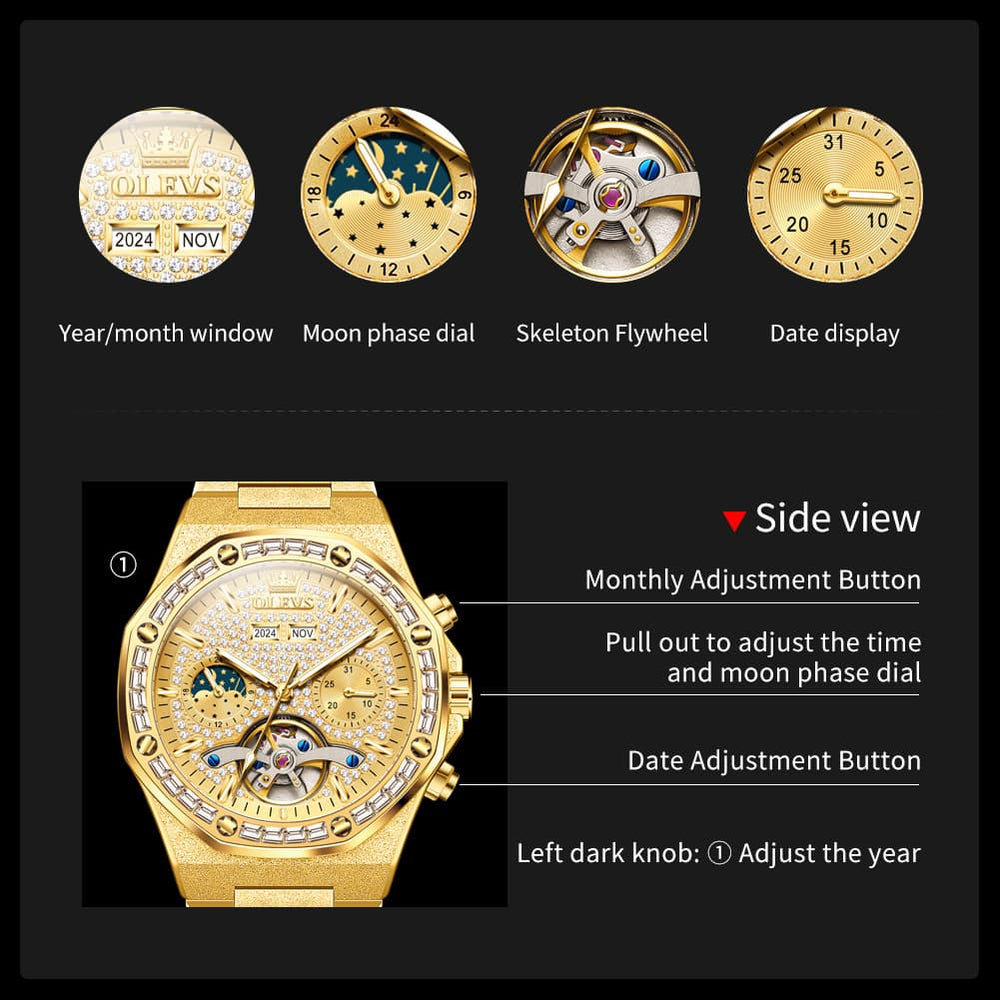 OLEVS Iced Out Moon Phase Skeleton Automatic Watch 9805 Calendar for Men - Silver White Watch | Olevs Watch Store