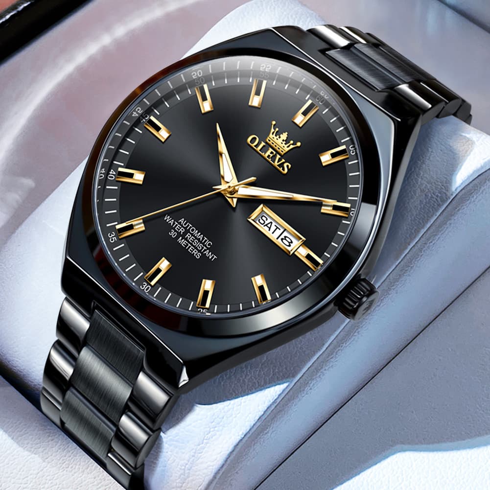 OLEVS Integrated Bracelet Automatic Day Date Watch 9907 for Men - Black Gold Watch | Olevs Watch Store