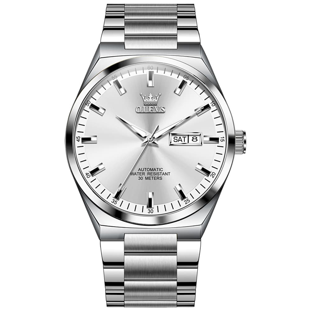 OLEVS Integrated Bracelet Automatic Day Date Watch 9907 for Men - Silver Golden Watch | Olevs Watch Store
