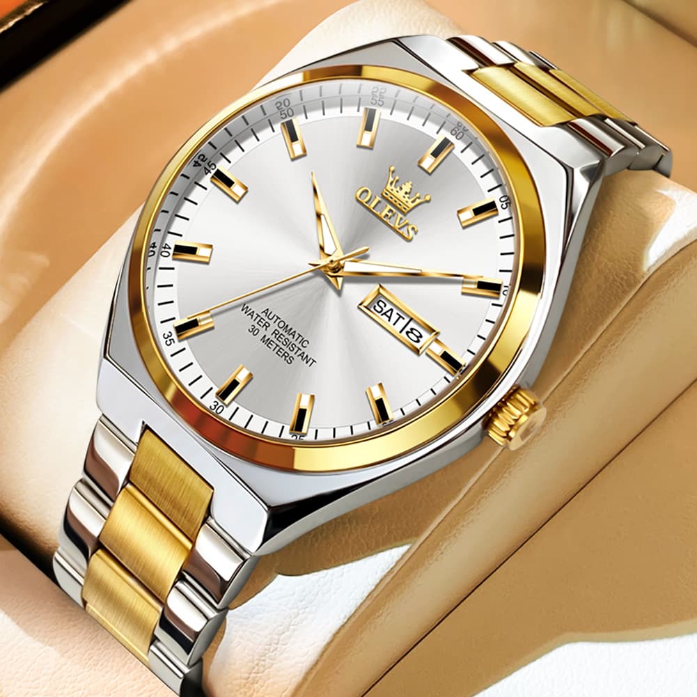 OLEVS Integrated Bracelet Automatic Day Date Watch 9907 for Men - Silver Golden Watch | Olevs Watch Store