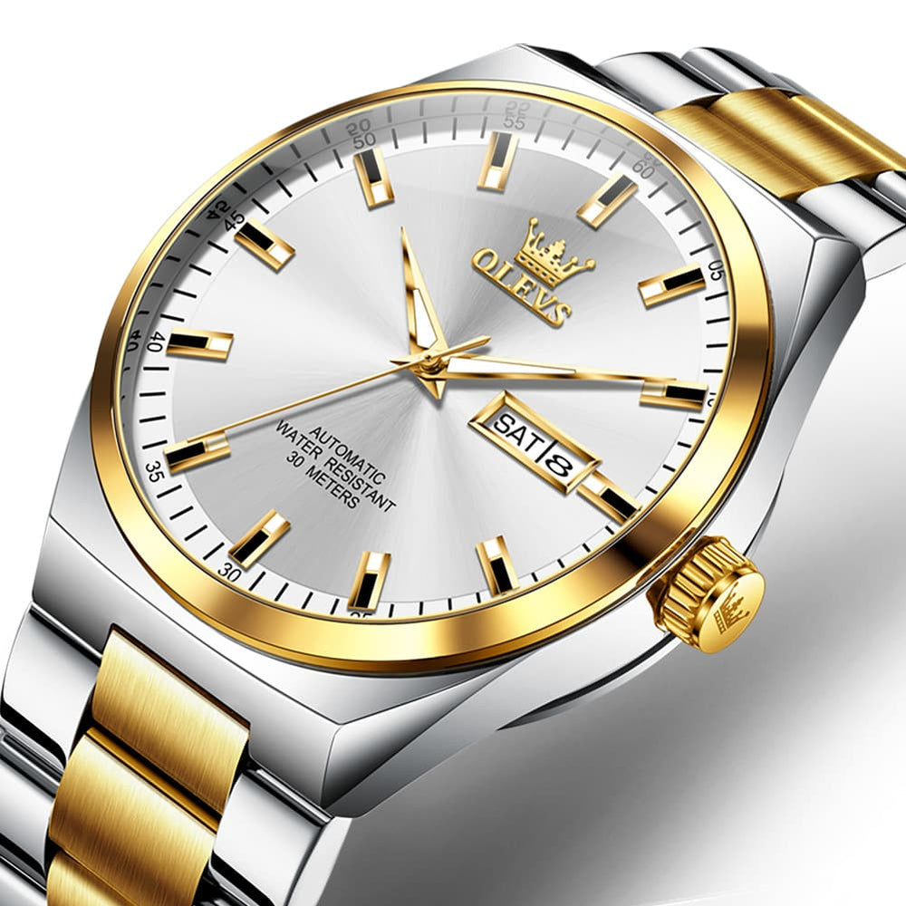 OLEVS Integrated Bracelet Automatic Day Date Watch 9907 for Men - Silver Golden Watch | Olevs Watch Store