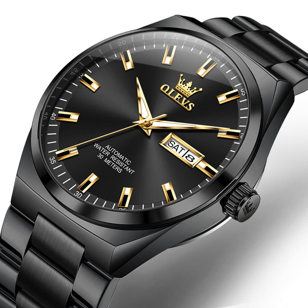 OLEVS Integrated Bracelet Automatic Day Date Watch 9907 for Men - Silver Golden Watch | Olevs Watch Store