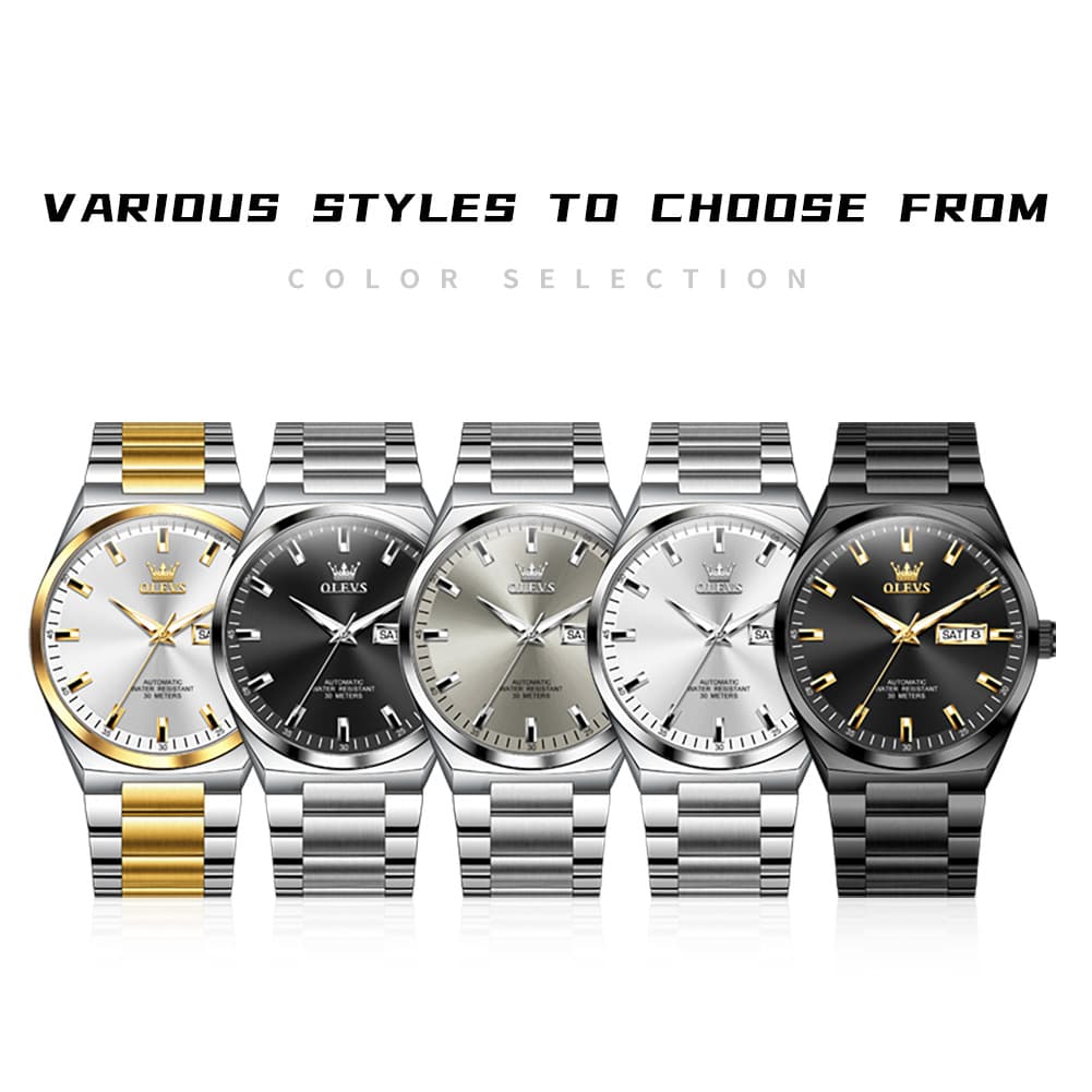 OLEVS Integrated Bracelet Automatic Day Date Watch 9907 for Men - Silver Golden Watch | Olevs Watch Store