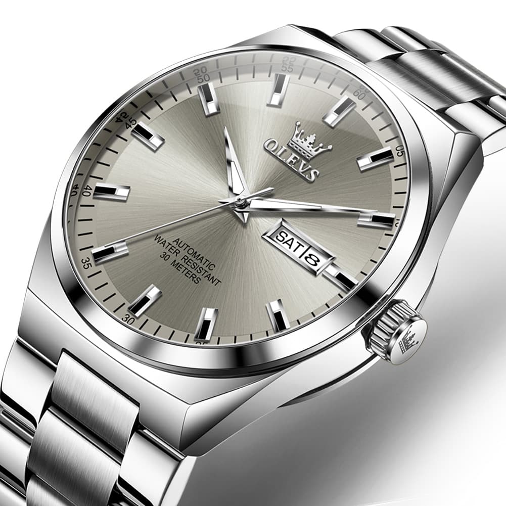 OLEVS Integrated Bracelet Automatic Day Date Watch 9907 for Men - Silver Golden Watch | Olevs Watch Store