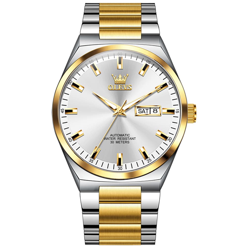OLEVS Integrated Bracelet Automatic Day Date Watch 9907 for Men - Black Gold Watch | Olevs Watch Store
