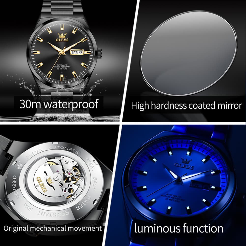 OLEVS Integrated Bracelet Automatic Day Date Watch 9907 for Men - Silver Golden Watch | Olevs Watch Store