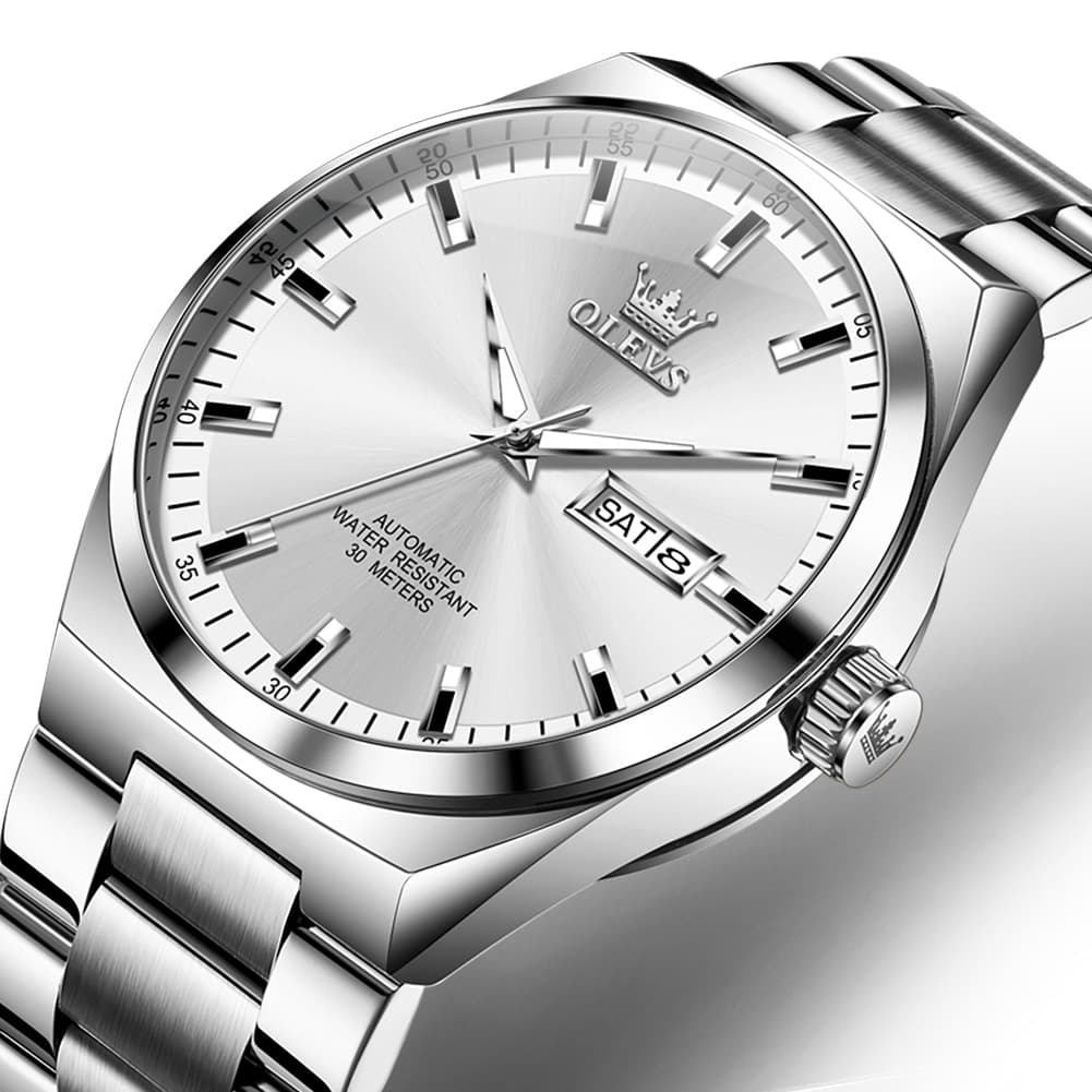 OLEVS Integrated Bracelet Automatic Day Date Watch 9907 for Men - Silver Golden Watch | Olevs Watch Store
