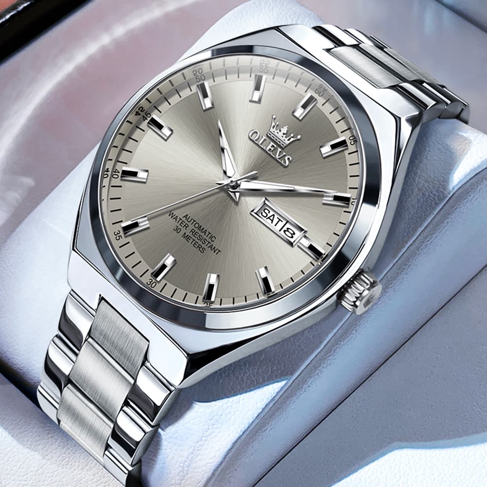 OLEVS Integrated Bracelet Automatic Day Date Watch 9907 for Men - Silver Grey Watch | Olevs Watch Store