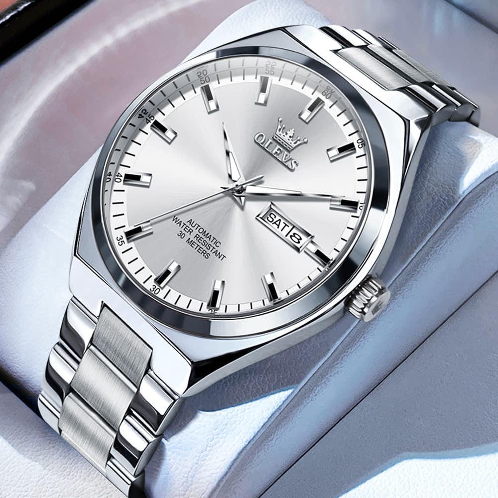 OLEVS Integrated Bracelet Automatic Day Date Watch 9907 for Men - Silver White Watch | Olevs Watch Store