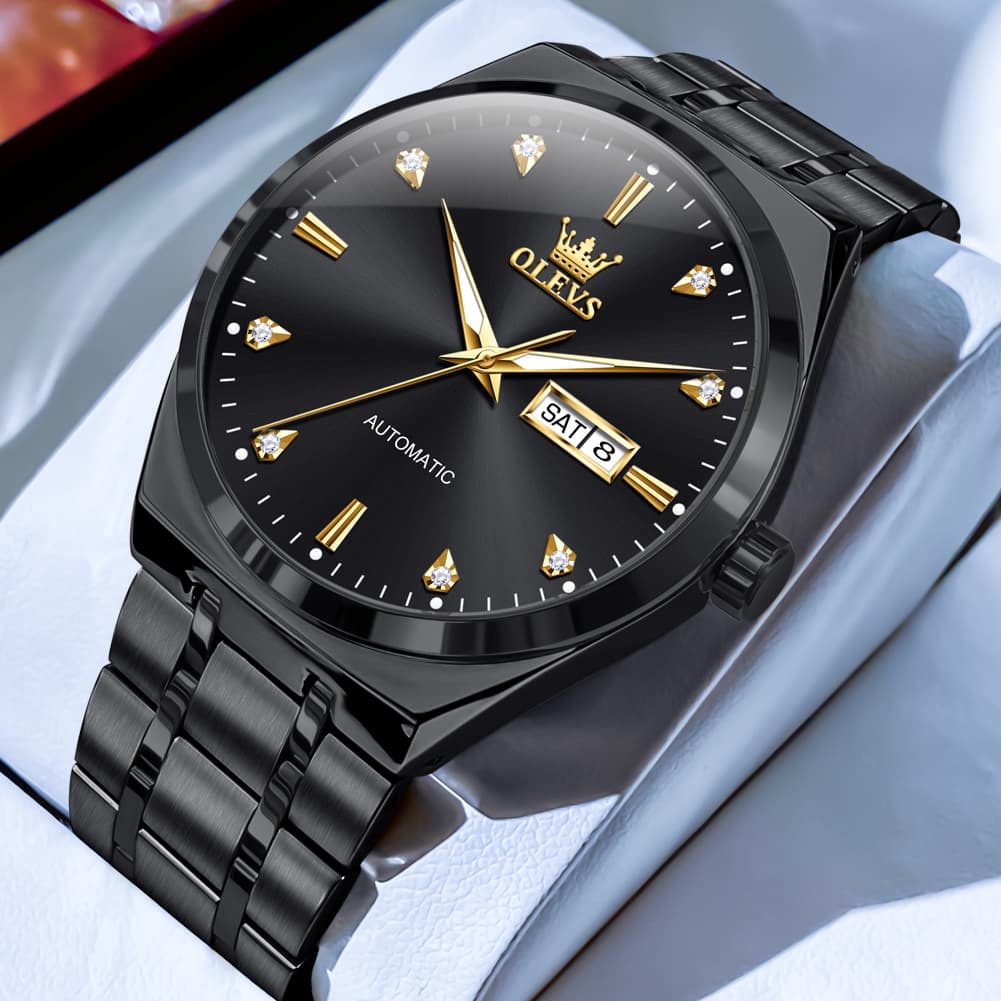 OLEVS Integrated Bracelet Diamond Dial Automatic Watch 9811 Day Date for Men - Black Gold Watch | Olevs Watch Store