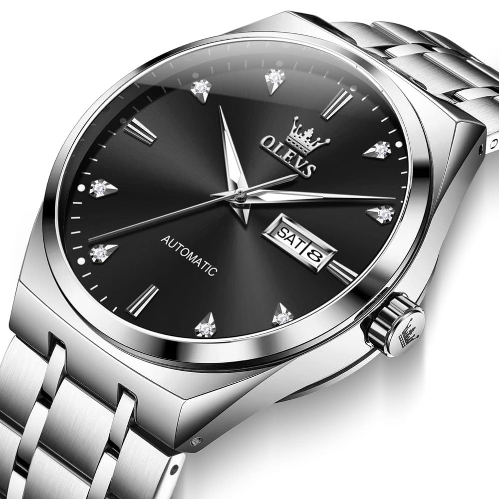 OLEVS Integrated Bracelet Diamond Dial Automatic Watch 9811 Day Date for Men - Black Gold Watch | Olevs Watch Store