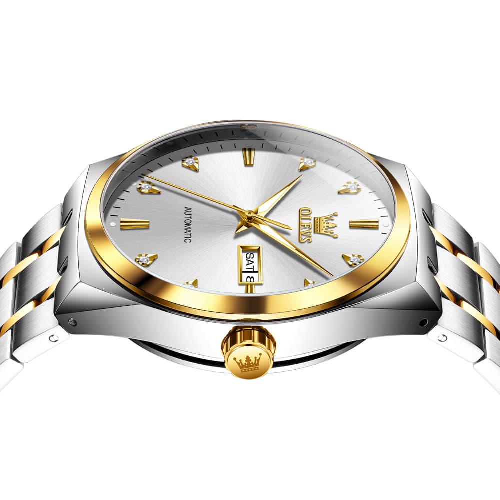 OLEVS Integrated Bracelet Diamond Dial Automatic Watch 9811 Day Date for Men - Black Gold Watch | Olevs Watch Store