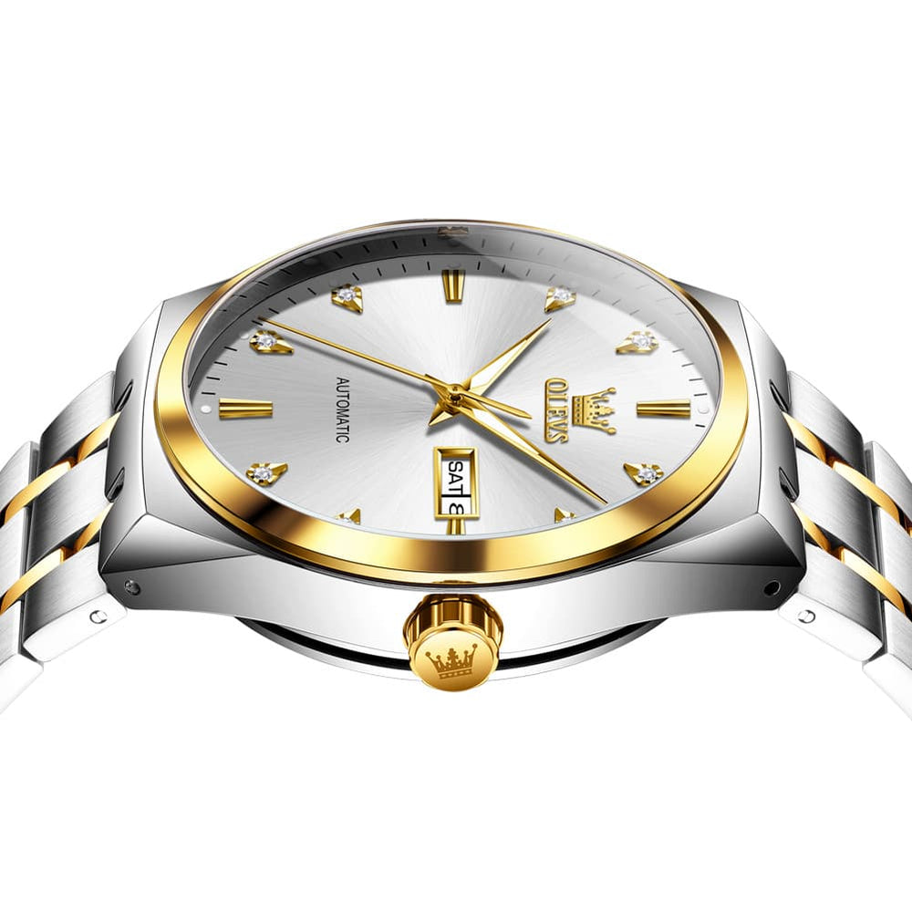 OLEVS Integrated Bracelet Diamond Dial Automatic Watch 9811 Day Date for Men - Black Gold Watch | Olevs Watch Store