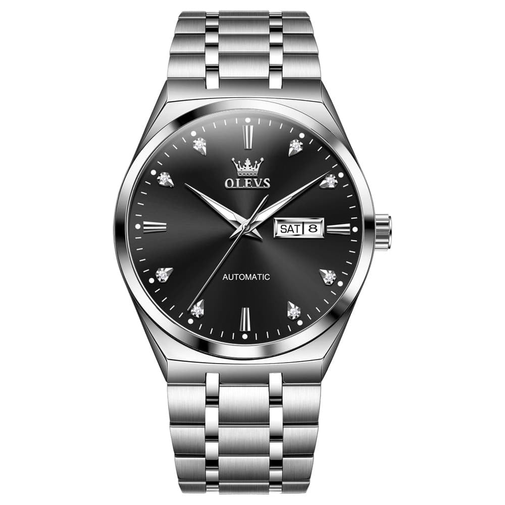 OLEVS Integrated Bracelet Diamond Dial Automatic Watch 9811 Day Date for Men - Black Gold Watch | Olevs Watch Store
