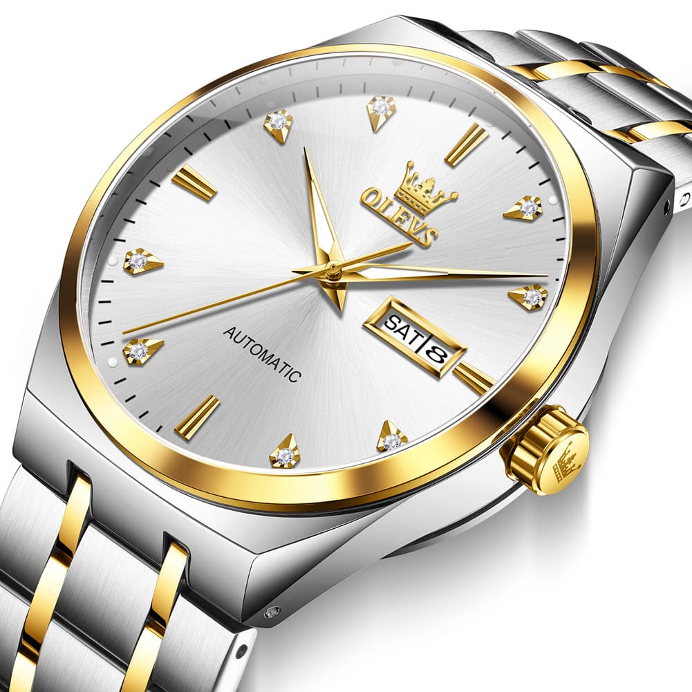 OLEVS Integrated Bracelet Diamond Dial Automatic Watch 9811 Day Date for Men - Black Gold Watch | Olevs Watch Store