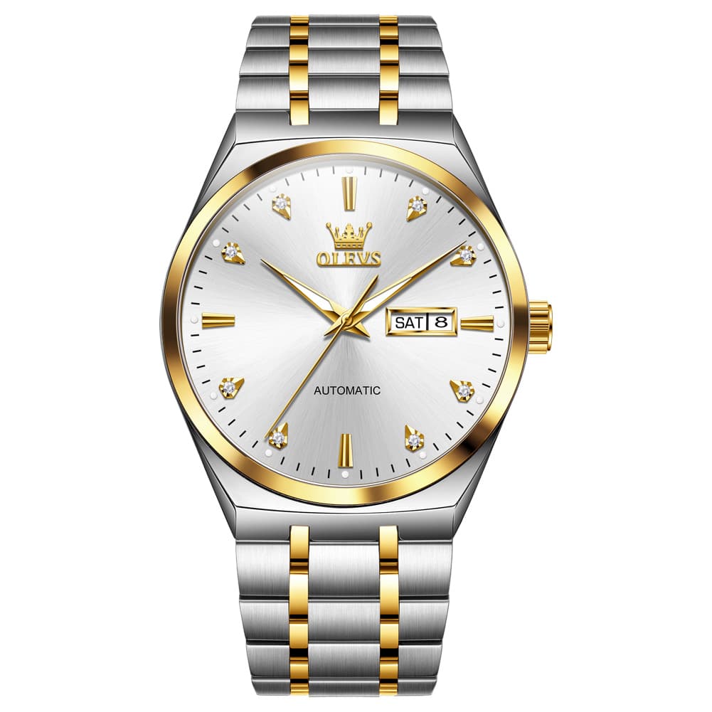 OLEVS Integrated Bracelet Diamond Dial Automatic Watch 9811 Day Date for Men - Black Gold Watch | Olevs Watch Store
