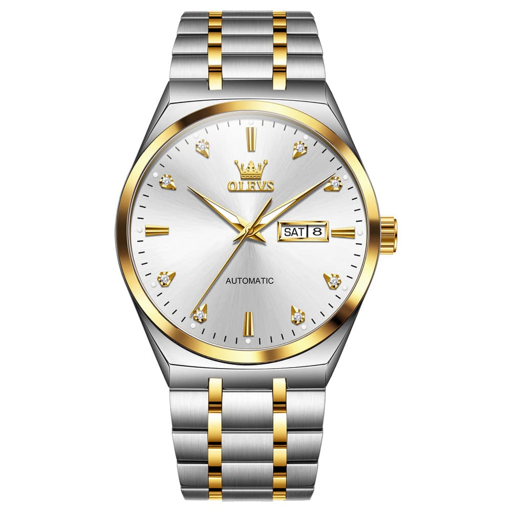 OLEVS Integrated Bracelet Diamond Dial Automatic Watch 9811 Day Date for Men - Black Gold Watch | Olevs Watch Store