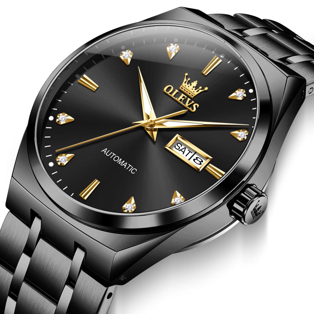 OLEVS Integrated Bracelet Diamond Dial Automatic Watch 9811 Day Date for Men - Black Gold Watch | Olevs Watch Store