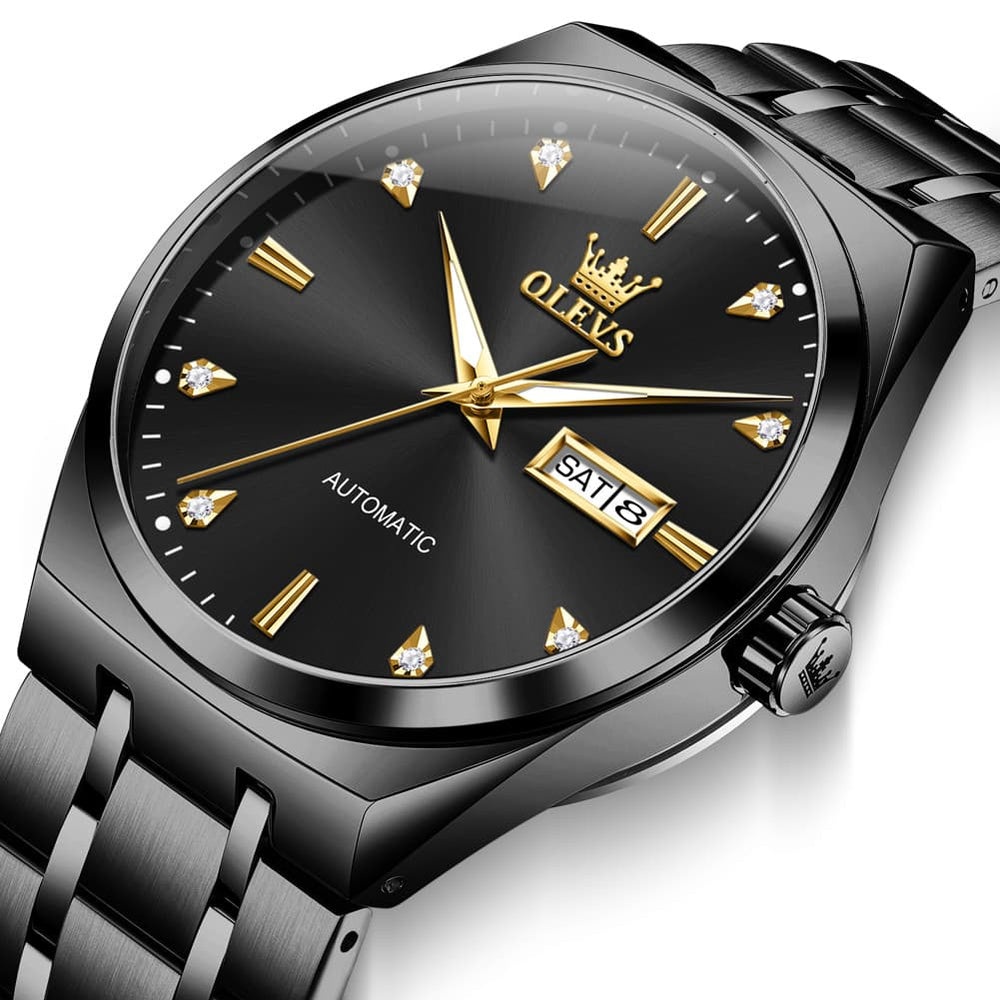 OLEVS Integrated Bracelet Diamond Dial Automatic Watch 9811 Day Date for Men - Black Gold Watch | Olevs Watch Store