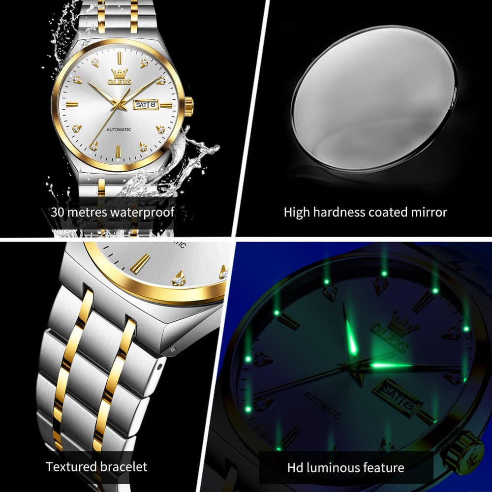 OLEVS Integrated Bracelet Diamond Dial Automatic Watch 9811 Day Date for Men - Black Gold Watch | Olevs Watch Store