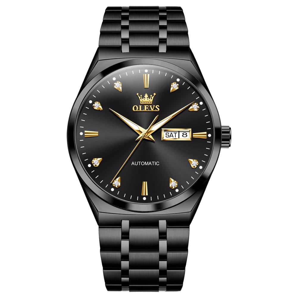 OLEVS Integrated Bracelet Diamond Dial Automatic Watch 9811 Day Date for Men - Black Gold Watch | Olevs Watch Store