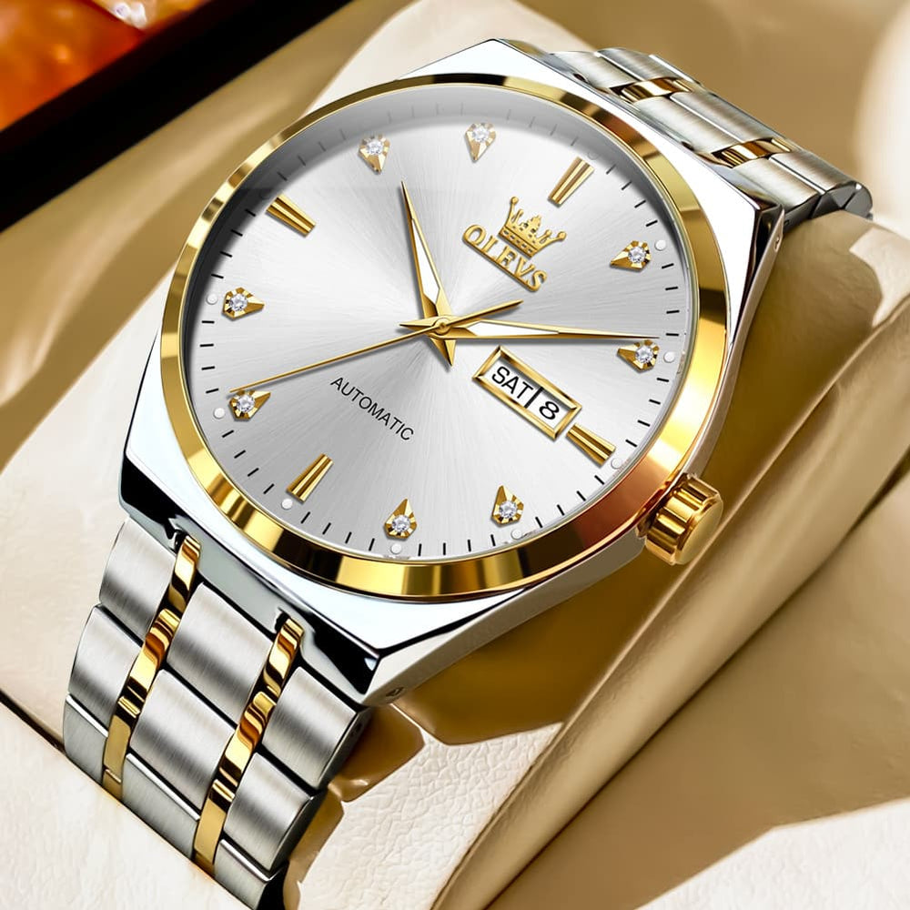 OLEVS Integrated Bracelet Diamond Dial Automatic Watch 9811 Day Date for Men - Silver Golden Watch | Olevs Watch Store