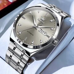 OLEVS Integrated Bracelet Diamond Dial Automatic Watch 9811 Day Date for Men - Silver Grey Watch | Olevs Watch Store