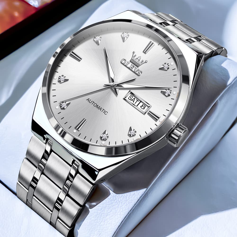 OLEVS Integrated Bracelet Diamond Dial Automatic Watch 9811 Day Date for Men - Silver White Watch | Olevs Watch Store