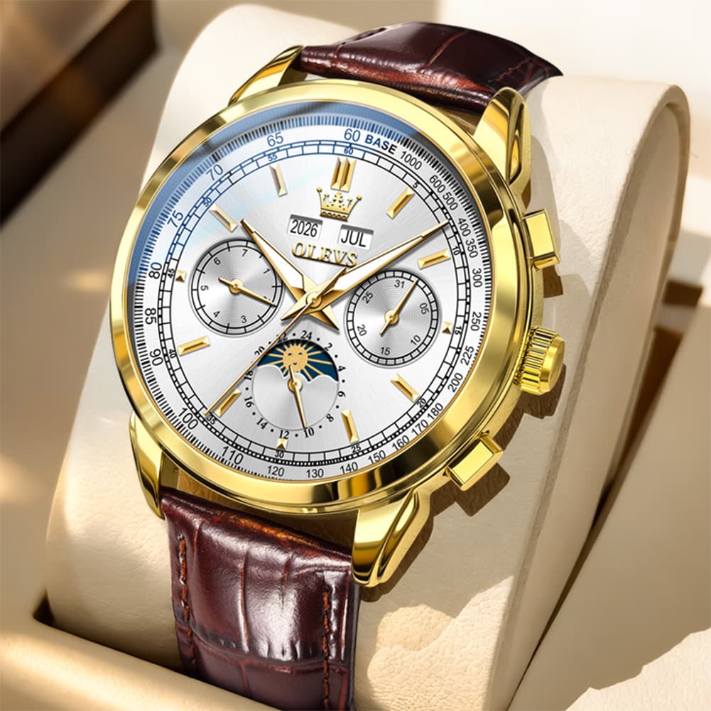 OLEVS Leather Strap Moon Phase Automatic Mechanical Watch for Men 7117 - Gold White Watch | Olevs Watch Store