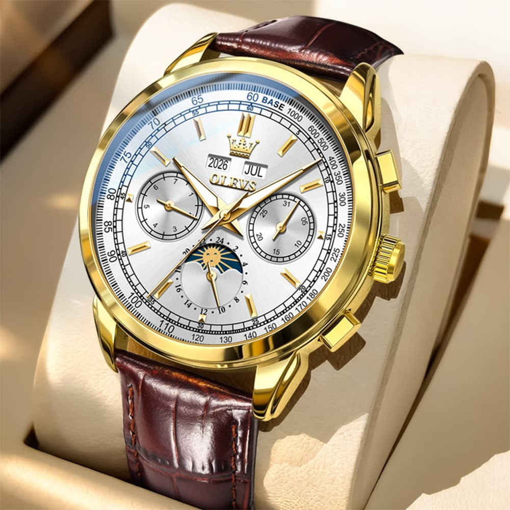 OLEVS Leather Strap Moon Phase Automatic Mechanical Watch for Men 7117 - Gold White Watch | Olevs Watch Store