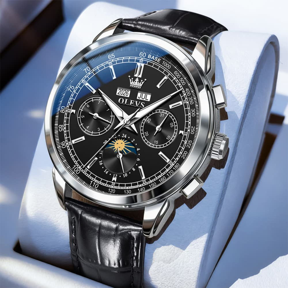 OLEVS Leather Strap Moon Phase Automatic Mechanical Watch for Men 7117 - Silver Black Watch | Olevs Watch Store