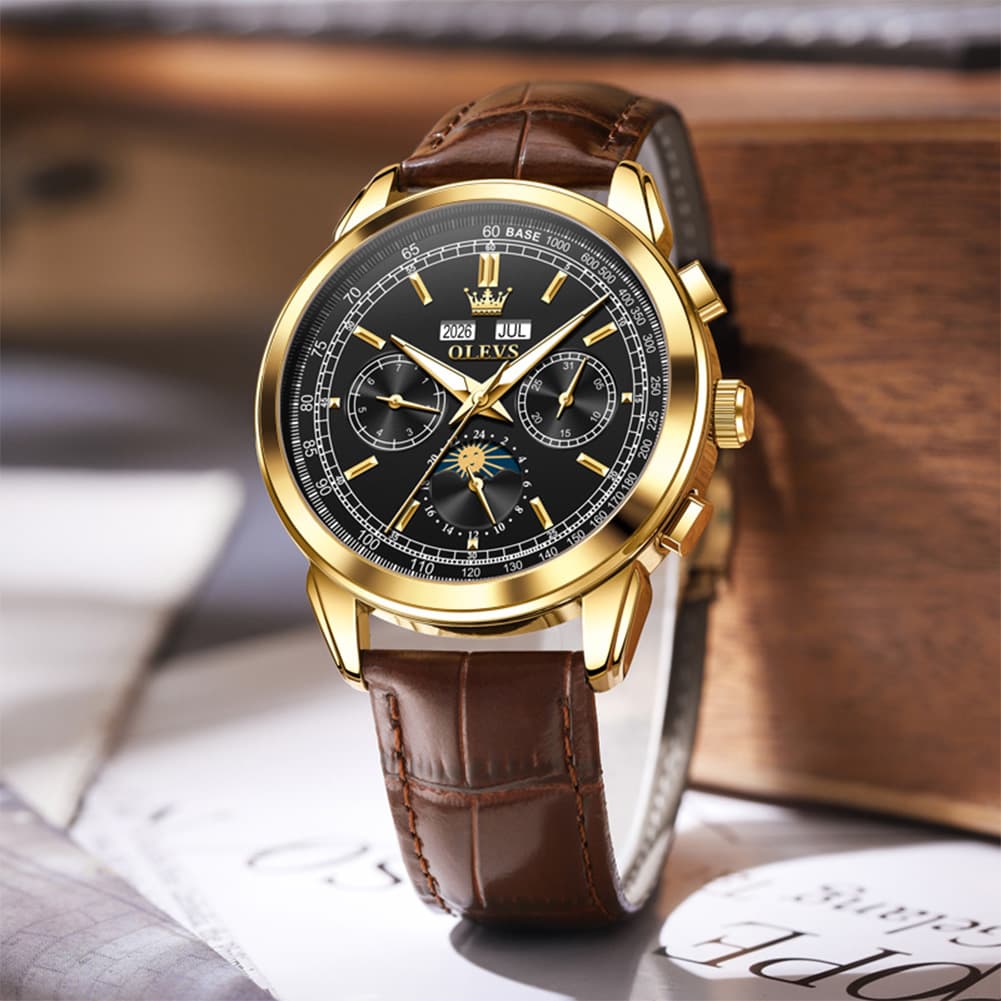 OLEVS Leather Strap Moon Phase Automatic Mechanical Watch for Men 7117 - Silver White Watch | Olevs Watch Store