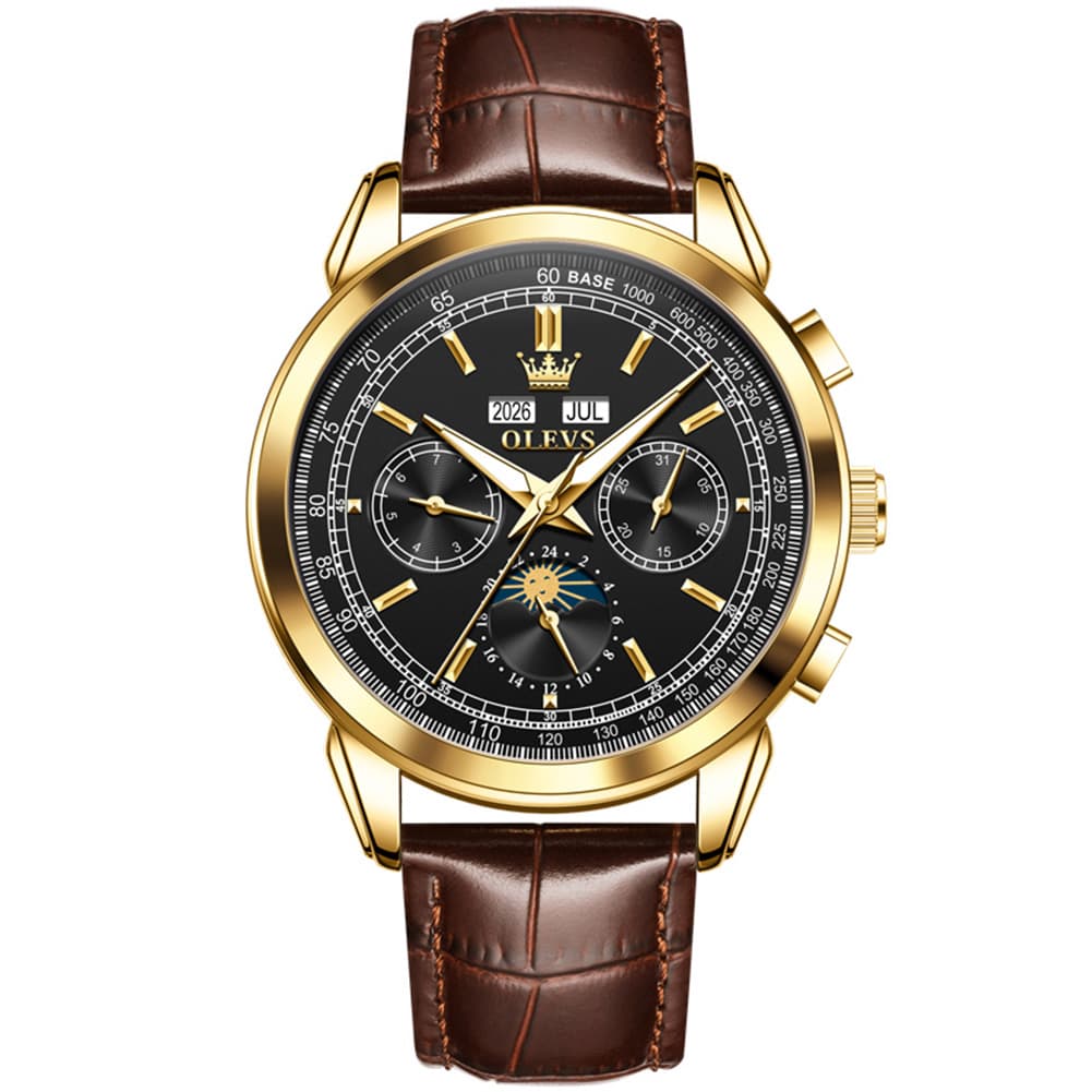 OLEVS Leather Strap Moon Phase Automatic Mechanical Watch for Men 7117 - Gold Black Watch | Olevs Watch Store