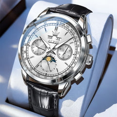 OLEVS Leather Strap Moon Phase Automatic Mechanical Watch for Men 7117 - Silver White Watch | Olevs Watch Store