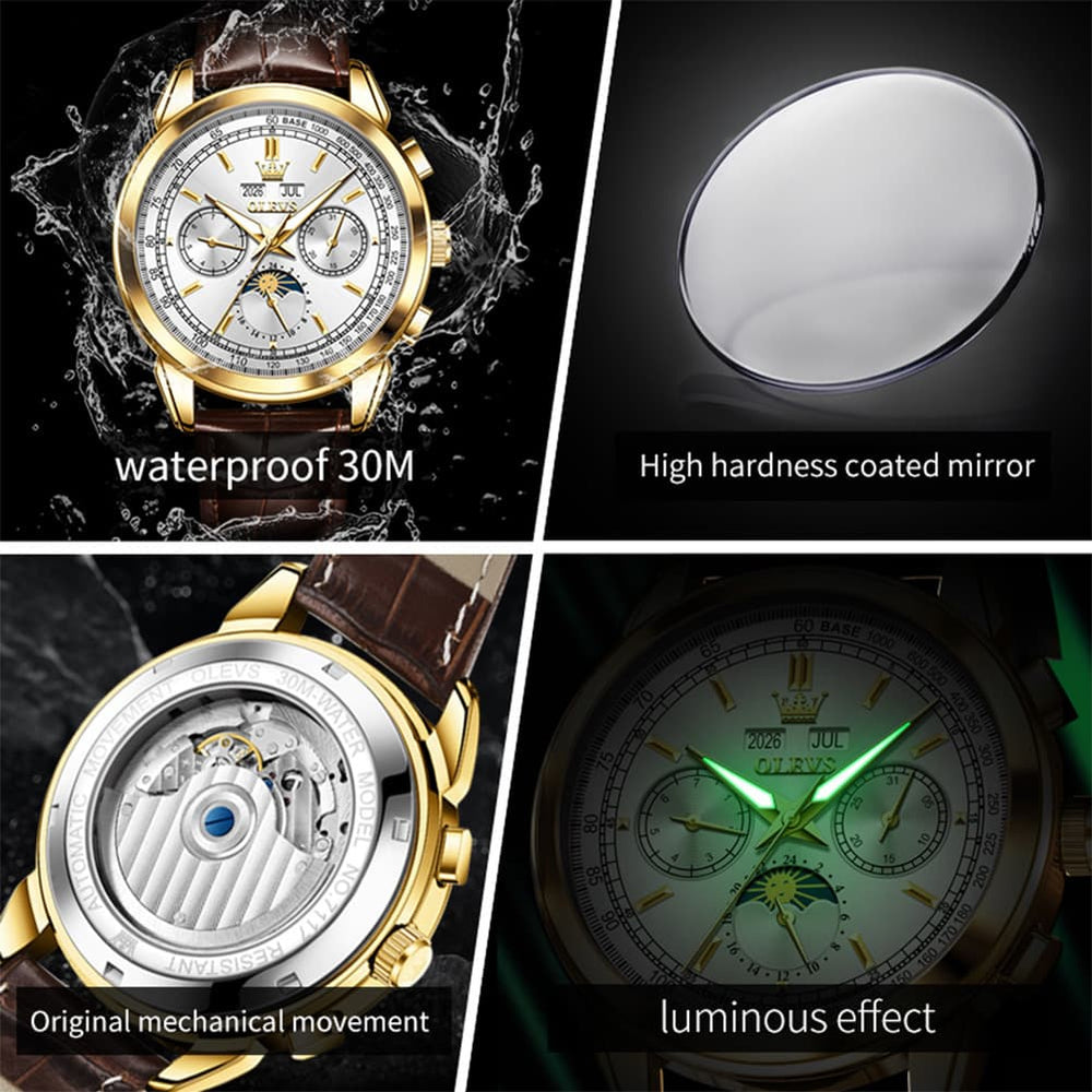 OLEVS Leather Strap Moon Phase Automatic Mechanical Watch for Men 7117 - Silver White Watch | Olevs Watch Store
