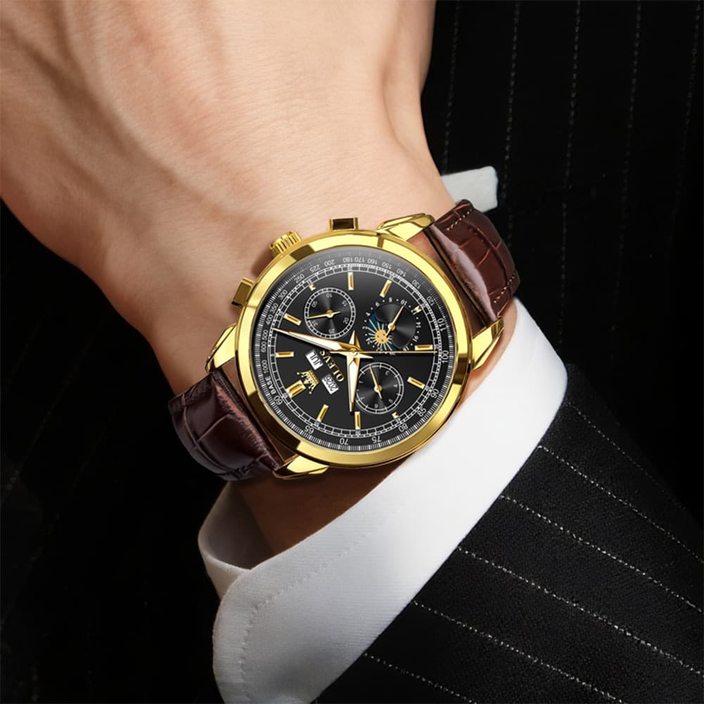 OLEVS Leather Strap Moon Phase Automatic Mechanical Watch for Men 7117 - Gold Black Watch | Olevs Watch Store